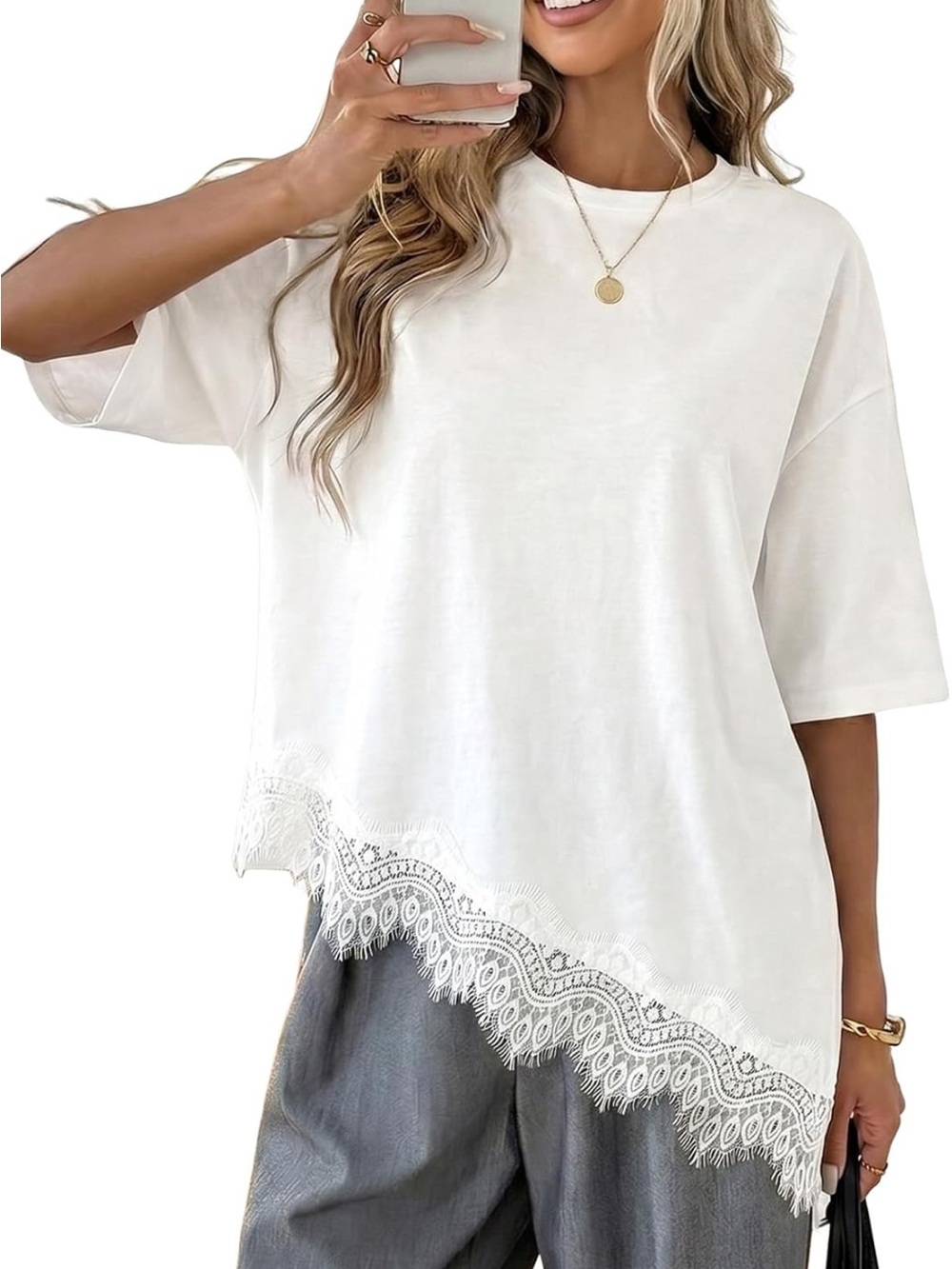 Women’s White Lace-Hem Short Sleeve Tee - Casual Crew Neck
